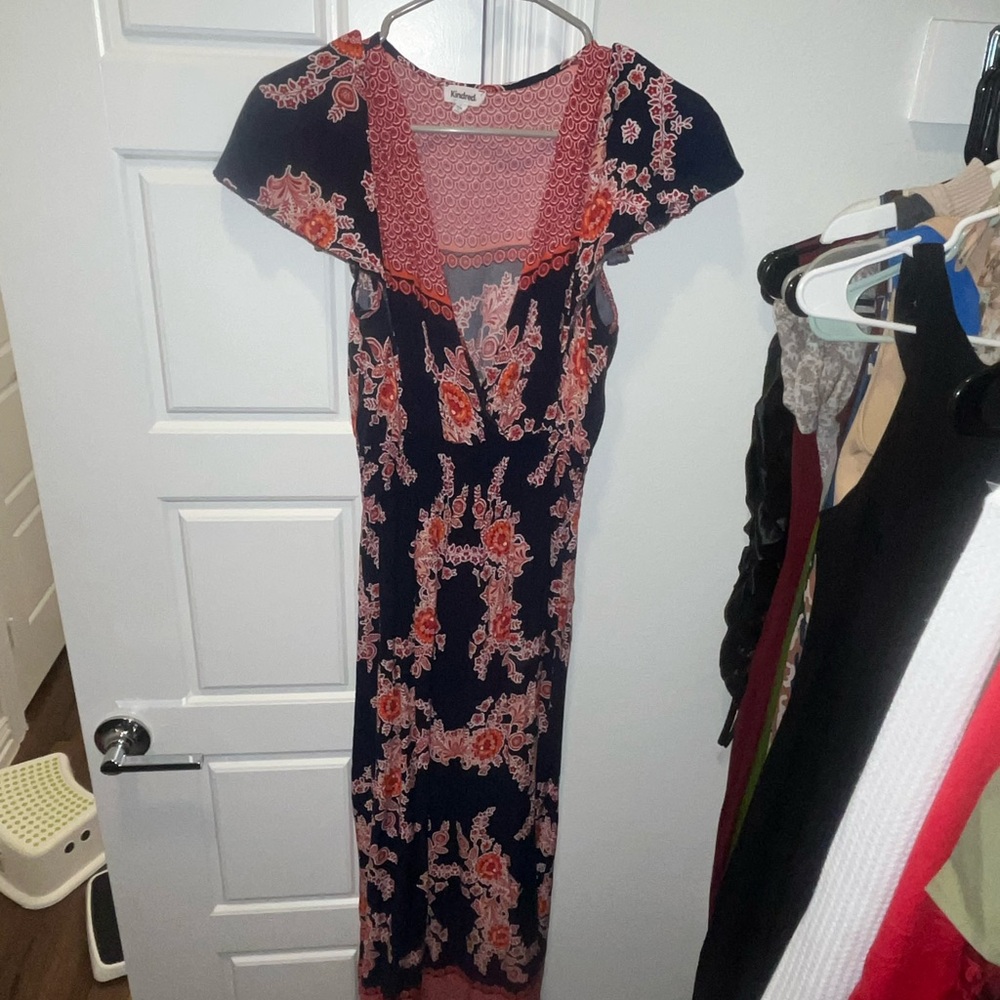 Long Flowing Red and Blue Low Cut Dress